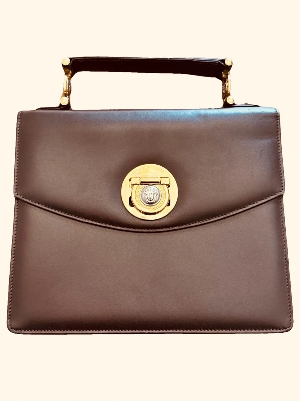 Gianni Versace Designer Brown Leather Top-Handle Shoulder Bag with Gold Hardware
